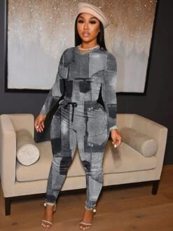 Colorblock Imitation Denim Printed Trouser Sets