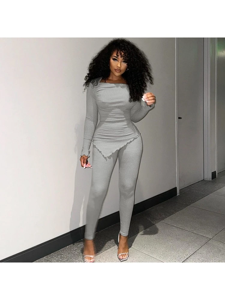 Asymmetrical Hem High Rise Bodycon Trouser Sets - Image 3