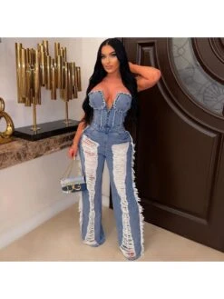 Beaded Fringe Distressed Denim Strapless Jumpsuits