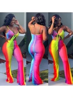 Rainbow Cutout Backless Flare Leg Jumpsuits