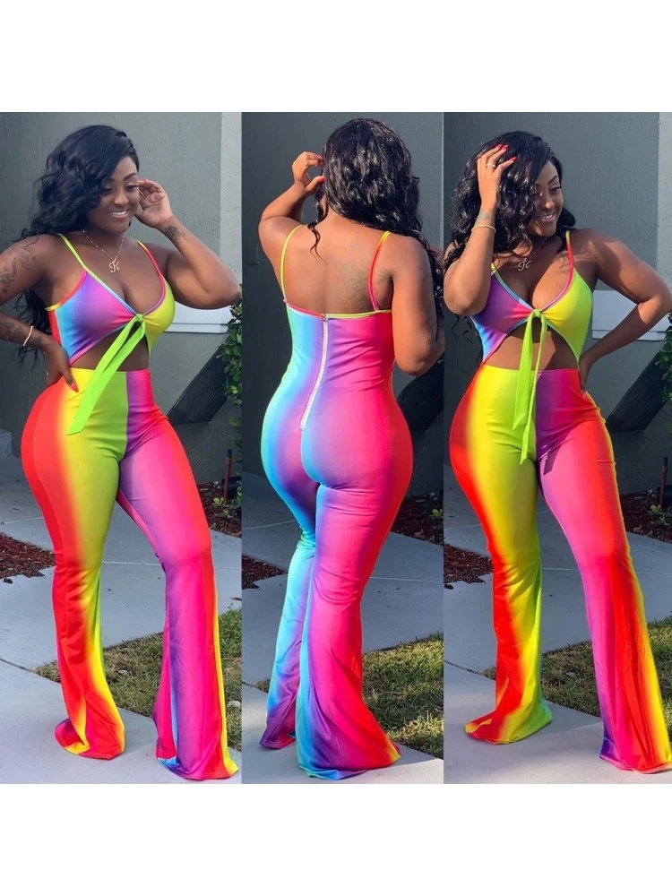 Rainbow Cutout Backless Flare Leg Jumpsuits