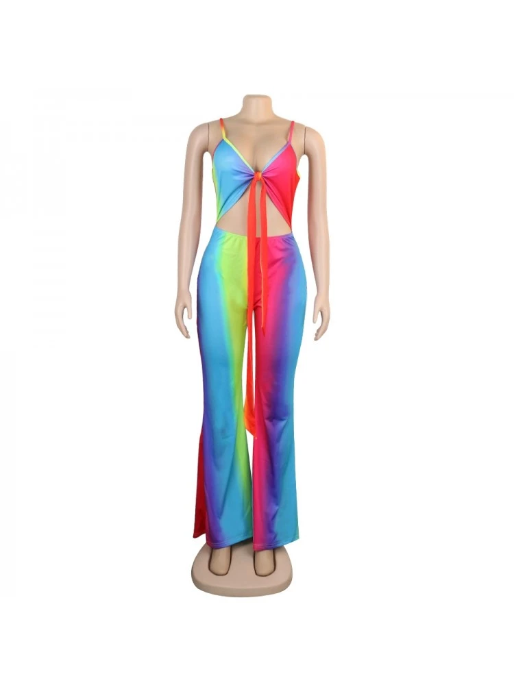 Rainbow Cutout Backless Flare Leg Jumpsuits - Image 2