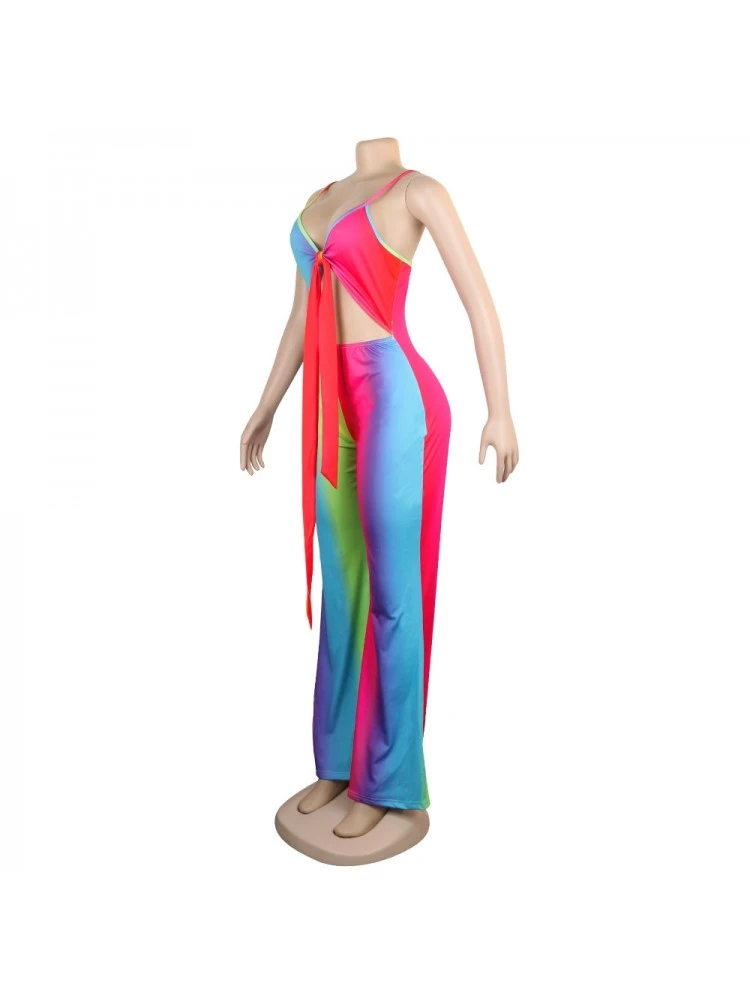 Rainbow Cutout Backless Flare Leg Jumpsuits - Image 3