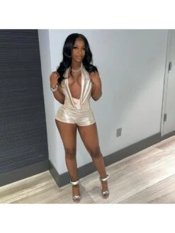 Metallic Halter Wing Neck Backless Rompers