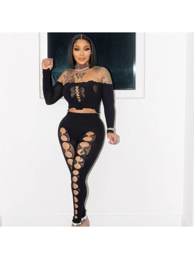 See Through Off Shoulder Cropped Pants Sets