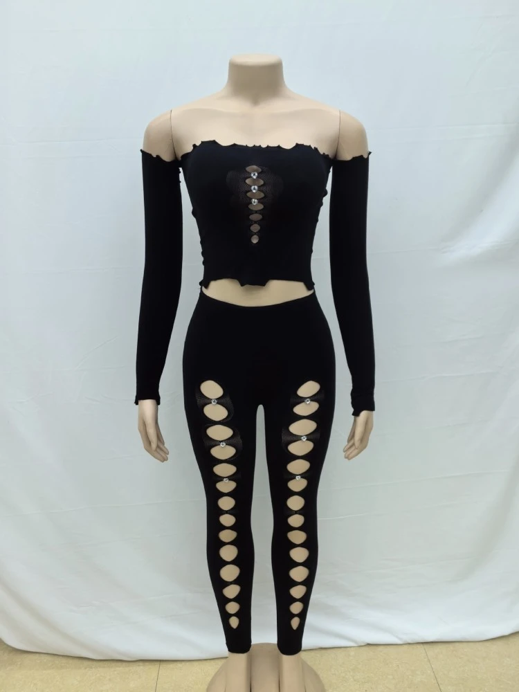 See Through Off Shoulder Cropped Pants Sets - Image 5