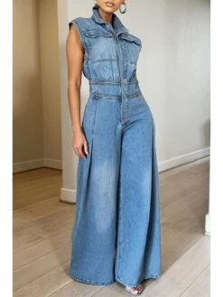 Sleeveless Denim High Rise Wide Leg Jumpsuits