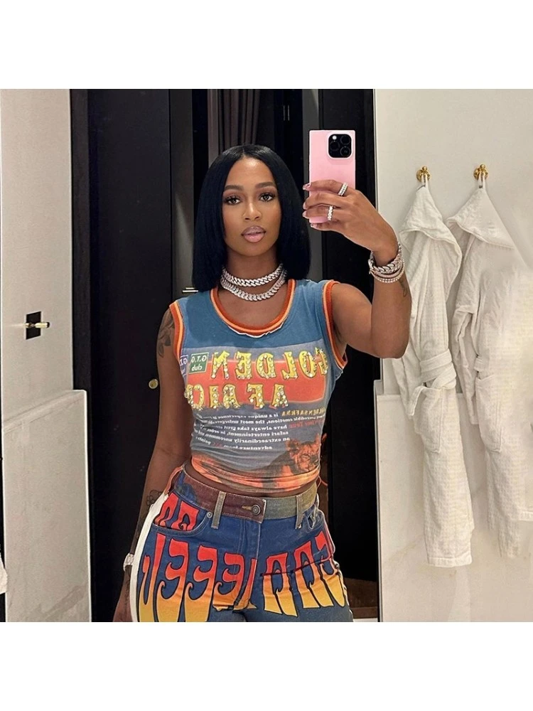 Letter Printed Crewneck Cropped Tanks