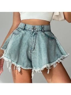 Fringe High Rise Wide Leg Denim Short Pants
