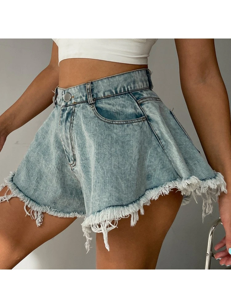 Fringe High Rise Wide Leg Denim Short Pants - Image 2