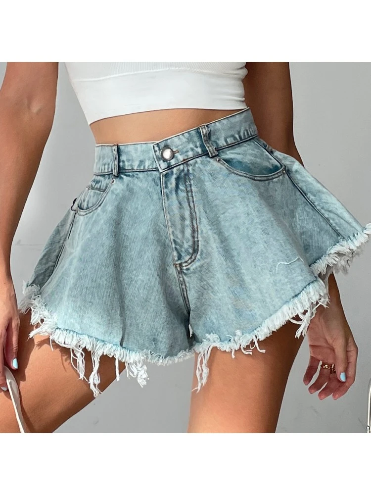 Fringe High Rise Wide Leg Denim Short Pants - Image 4