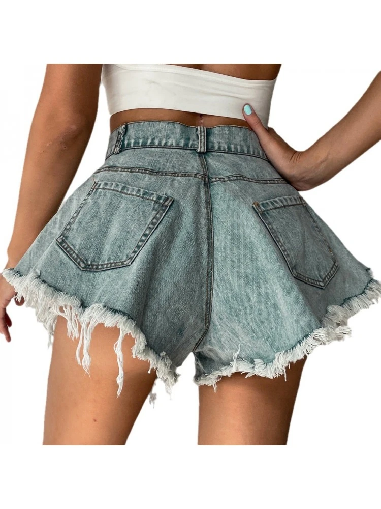Fringe High Rise Wide Leg Denim Short Pants - Image 5