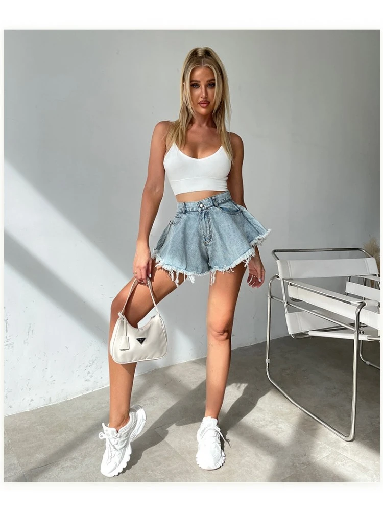 Fringe High Rise Wide Leg Denim Short Pants - Image 7