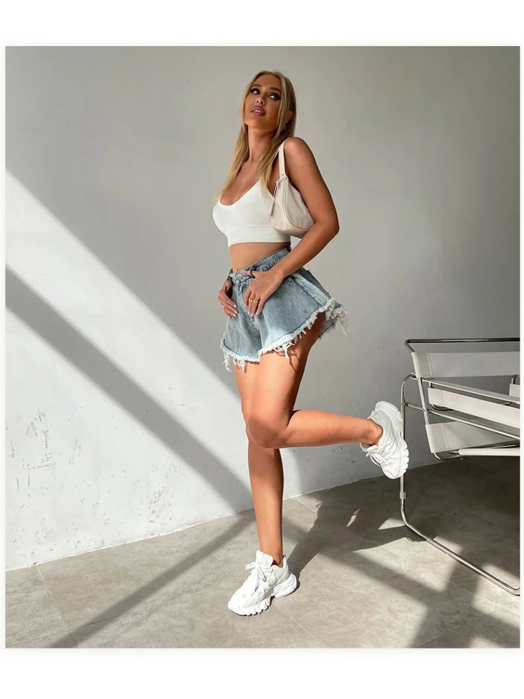 Fringe High Rise Wide Leg Denim Short Pants - Image 9