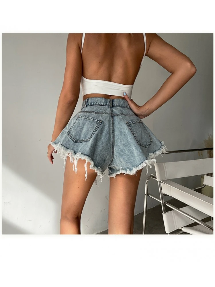 Fringe High Rise Wide Leg Denim Short Pants - Image 10