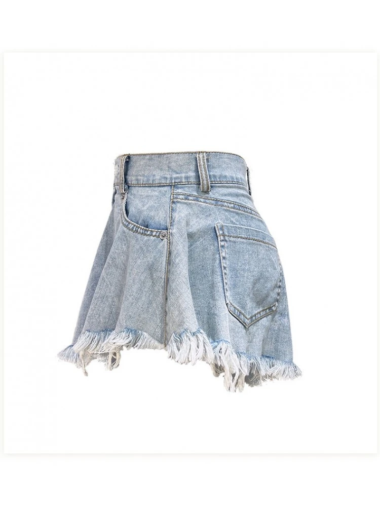 Fringe High Rise Wide Leg Denim Short Pants - Image 11