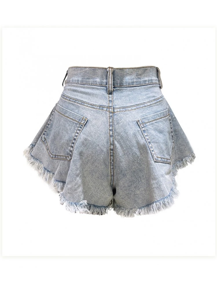Fringe High Rise Wide Leg Denim Short Pants - Image 12