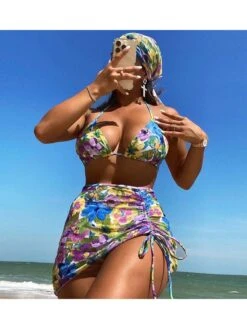 Drawstring High Rise Backless Bikinis Sets