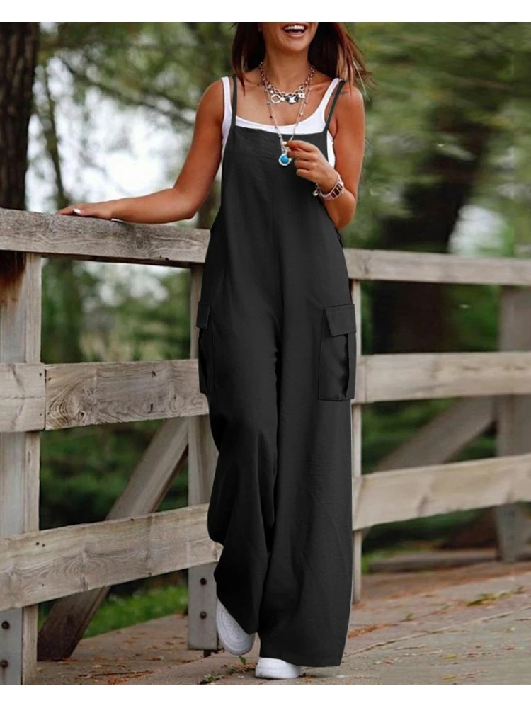 Solid Color Square Neck Loose Jumpsuits