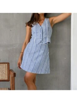 Colorblock Striped V Neck Single Breasted Skirt Sets