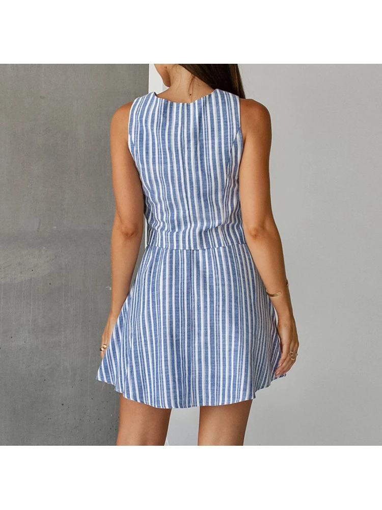 Colorblock Striped V Neck Single Breasted Skirt Sets - Image 2