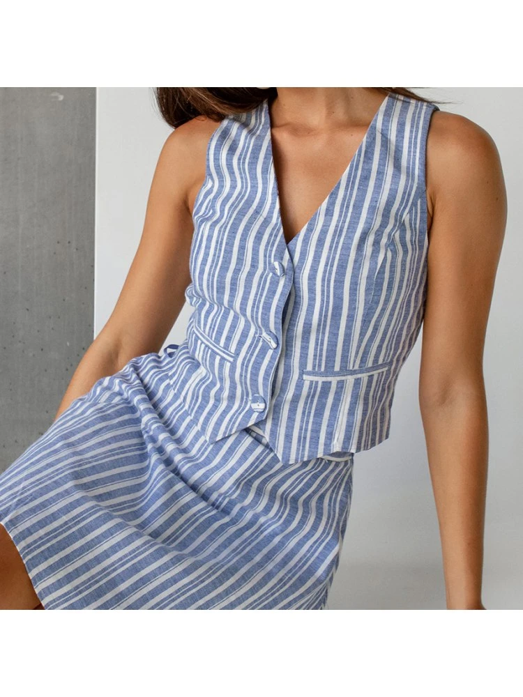 Colorblock Striped V Neck Single Breasted Skirt Sets - Image 3