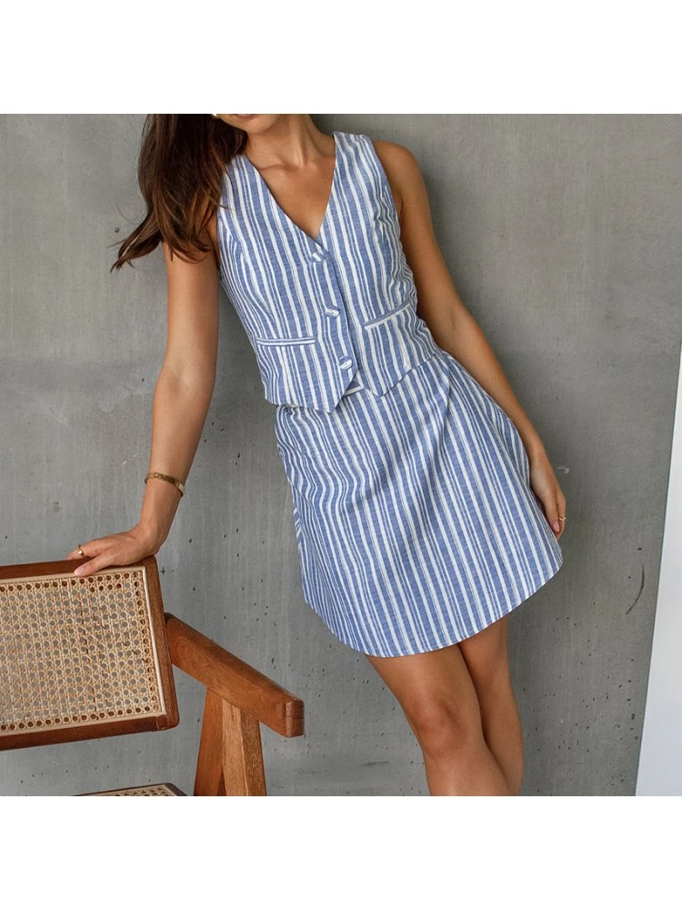 Colorblock Striped V Neck Single Breasted Skirt Sets - Image 4