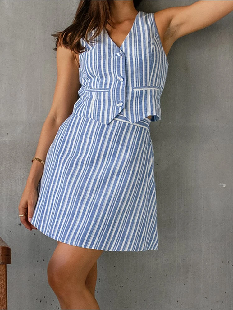 Colorblock Striped V Neck Single Breasted Skirt Sets - Image 5