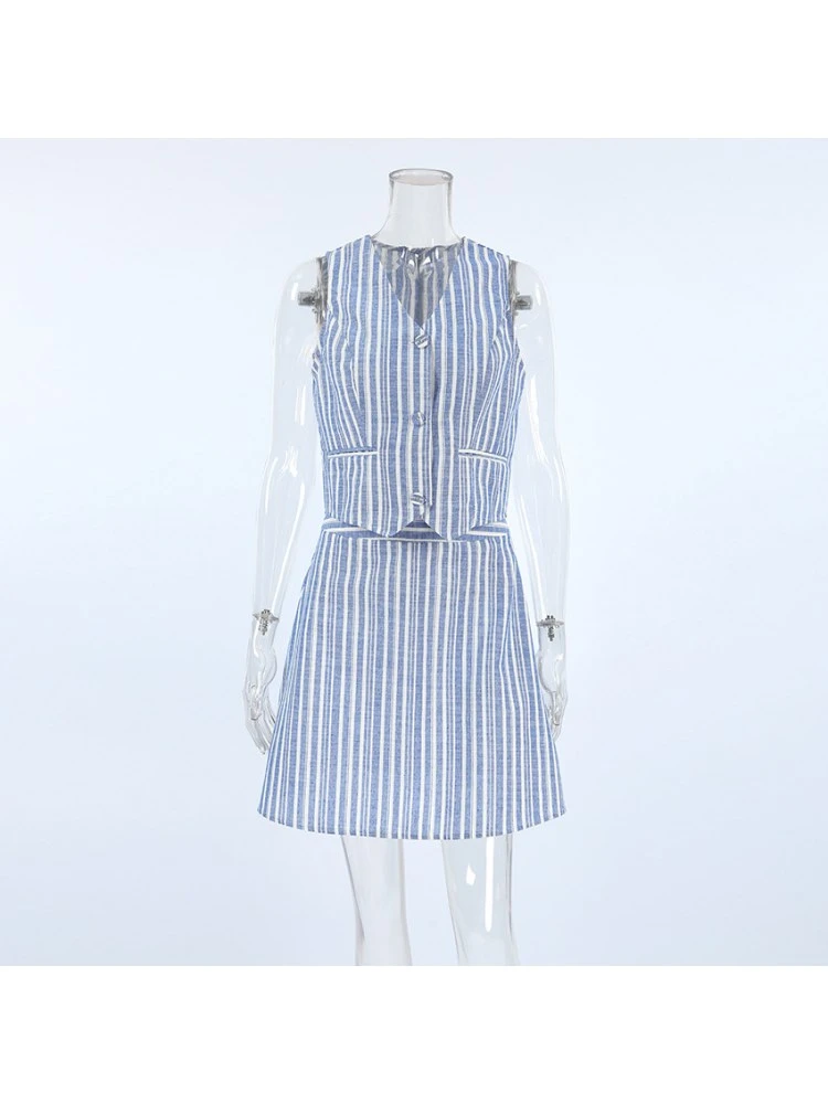Colorblock Striped V Neck Single Breasted Skirt Sets - Image 9