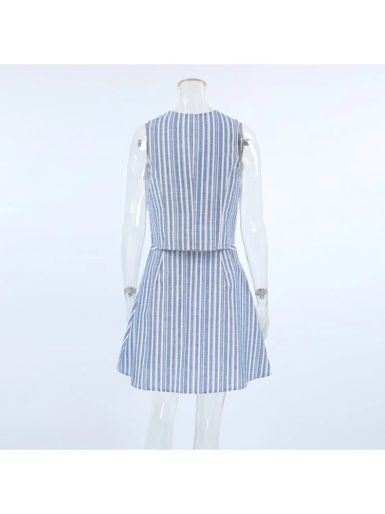 Colorblock Striped V Neck Single Breasted Skirt Sets - Image 10