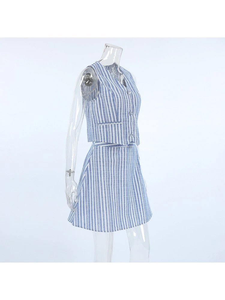 Colorblock Striped V Neck Single Breasted Skirt Sets - Image 11