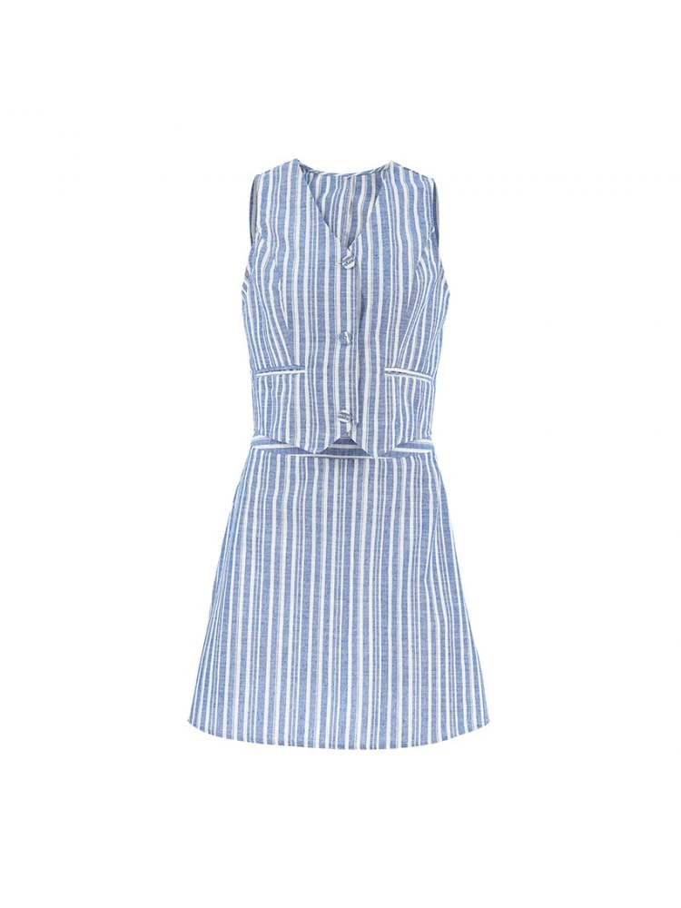 Colorblock Striped V Neck Single Breasted Skirt Sets - Image 12