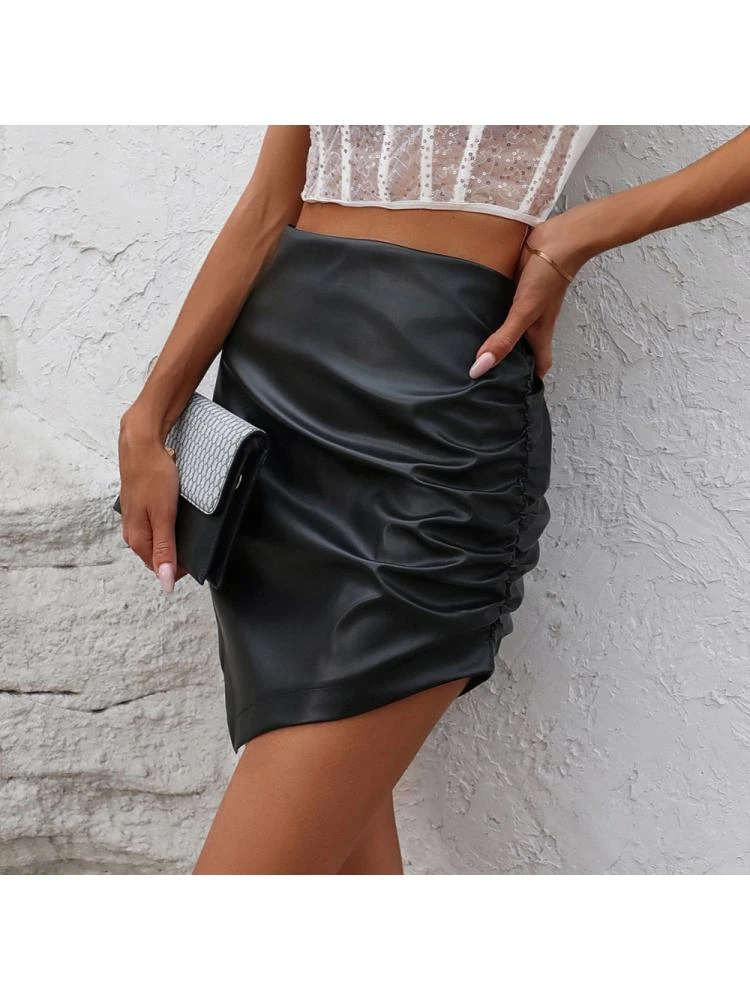 Patchwork Ruched PU Skirts - Image 3