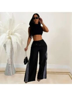 Colorblock Side Slit Wide Leg Pants