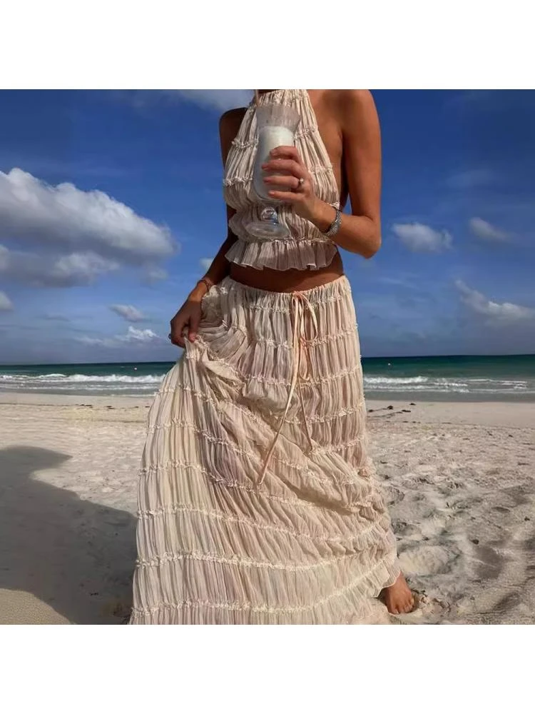 Ruched Tie-wrap Chiffon Backless Skirt Sets - Image 2