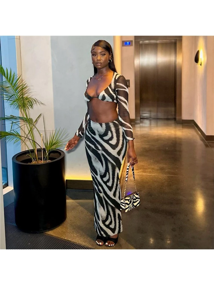 Striped Hollow Out Long Sleeve Skirt Sets