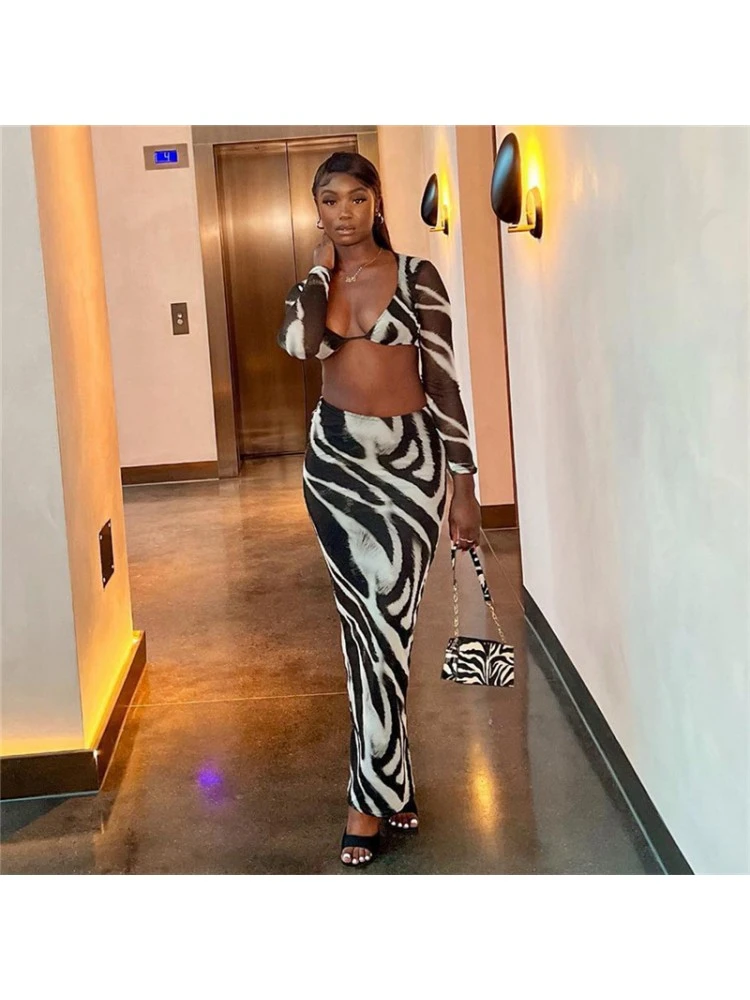 Striped Hollow Out Long Sleeve Skirt Sets - Image 5