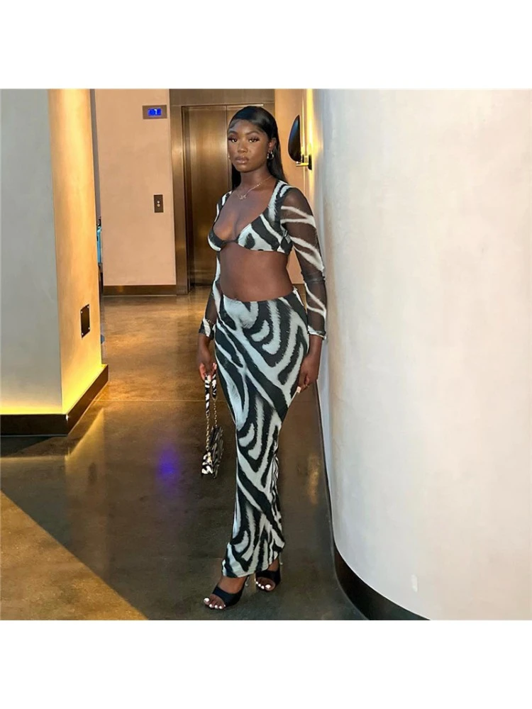 Striped Hollow Out Long Sleeve Skirt Sets - Image 7