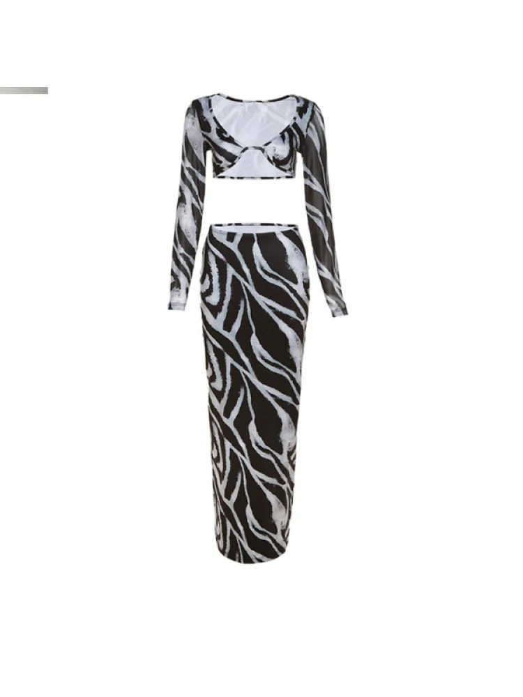 Striped Hollow Out Long Sleeve Skirt Sets - Image 10