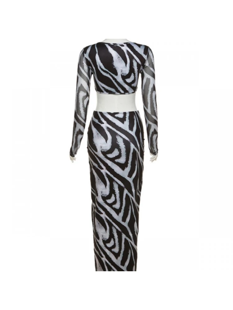 Striped Hollow Out Long Sleeve Skirt Sets - Image 12