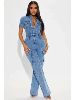 Denim Multi Pocket Collar Buckle Jumpsuits