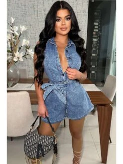 Denim Buckle Bandage Collar Rompers