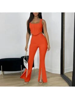 Solid Color Square Neck Fitted Pant Sets