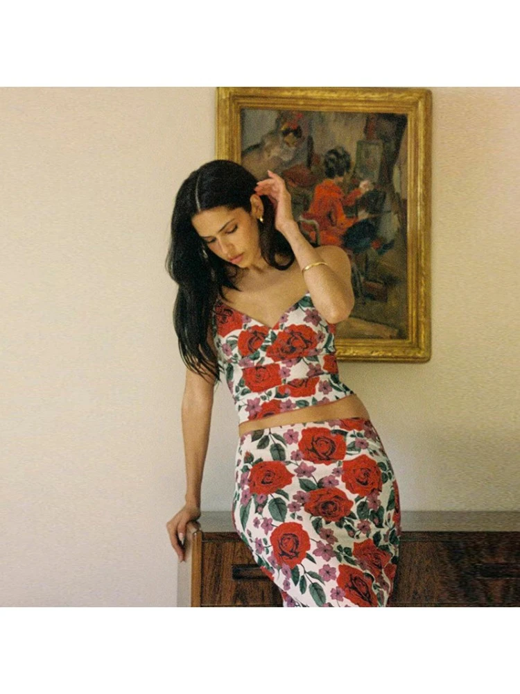 Flower High Rise Backless Tank Top Skirts Sets - Image 4