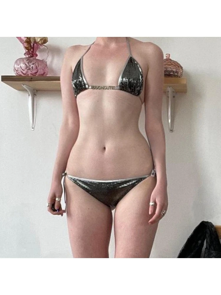 Letter Metal Decor Backless Bikinis - Image 6