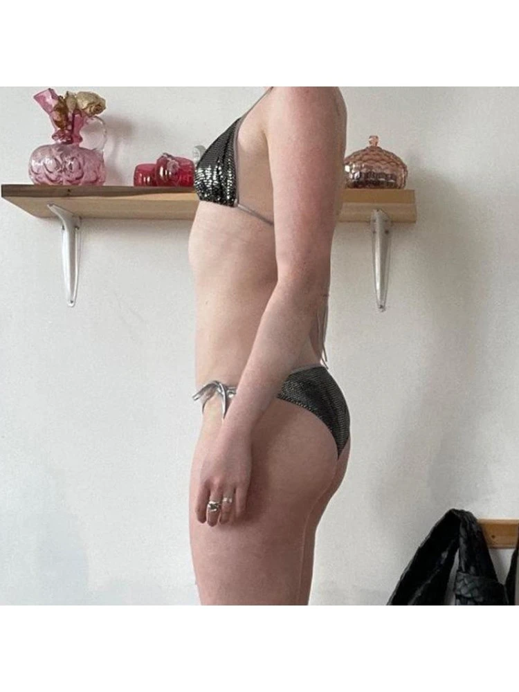 Letter Metal Decor Backless Bikinis - Image 7