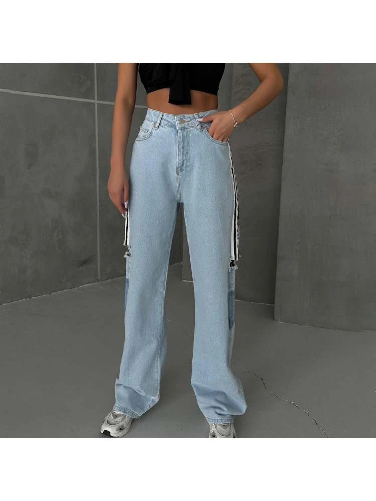 Patchwork Striped Straight Jeans