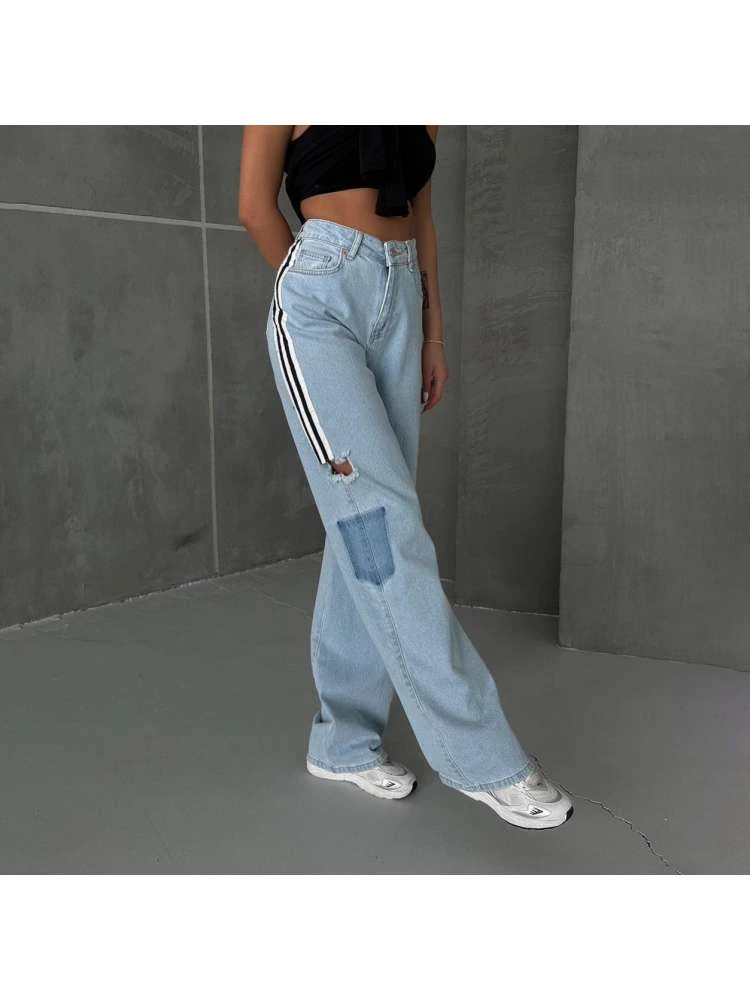 Patchwork Striped Straight Jeans - Image 2