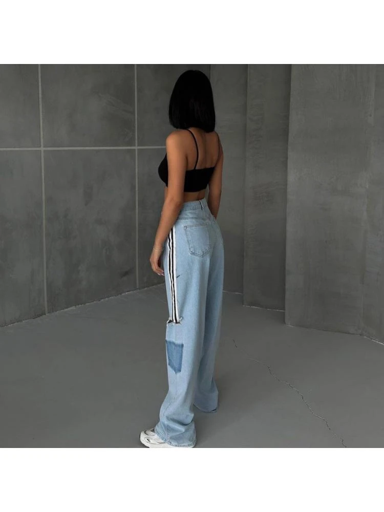 Patchwork Striped Straight Jeans - Image 3