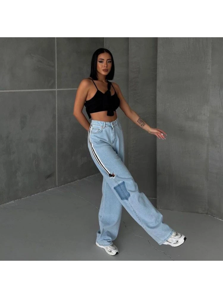 Patchwork Striped Straight Jeans - Image 4